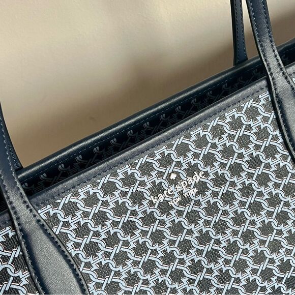 KATE SPADE Navy Blue Geometric Link Tote Surprise Knott Laptop Work Shoulder Bag - Picture 3 of 15